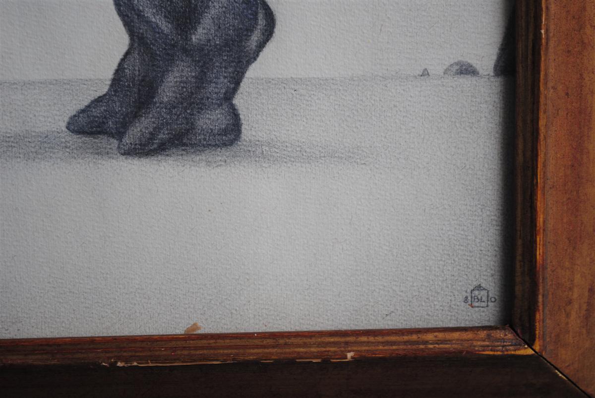 Dessin animalier au crayon sur papier Rhinocéros encadré