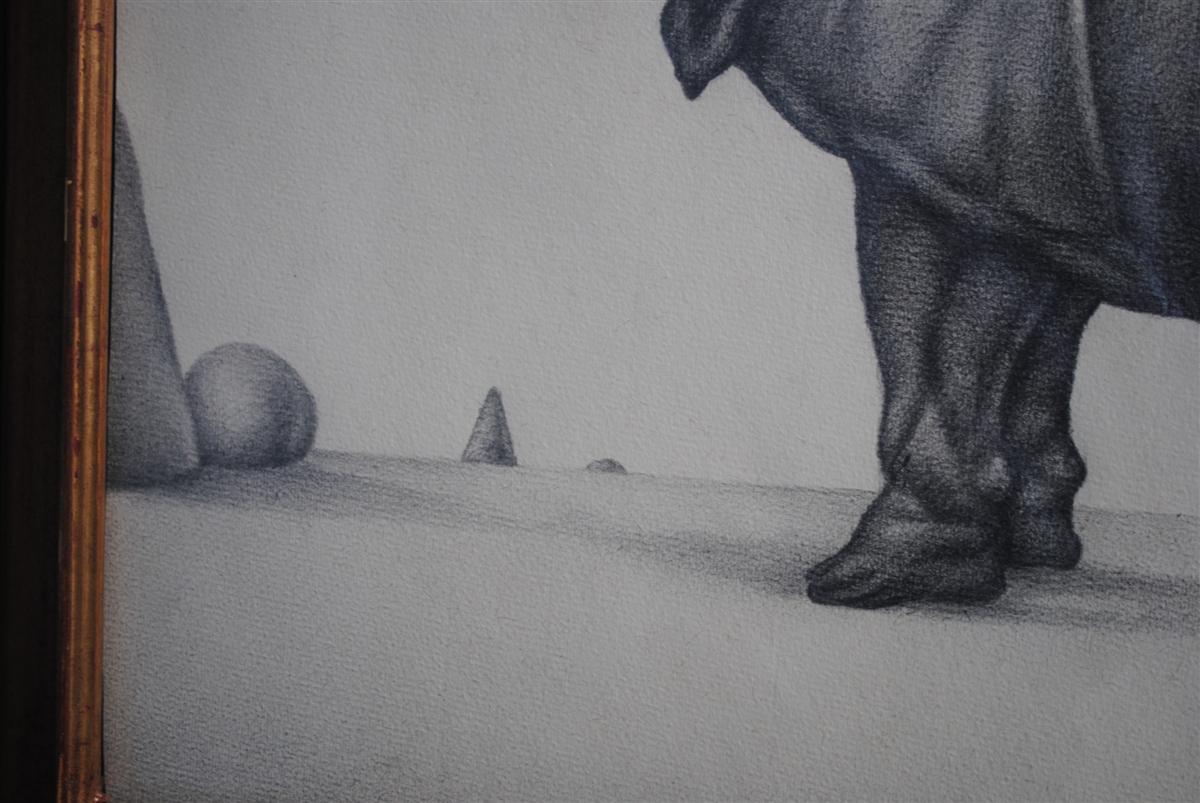 Dessin animalier au crayon sur papier Rhinocéros encadré