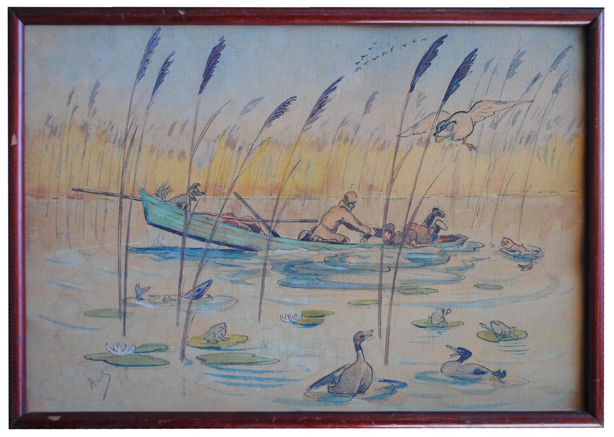 La chasse au canard aquarelle drolatique signée d'époque début 20ème