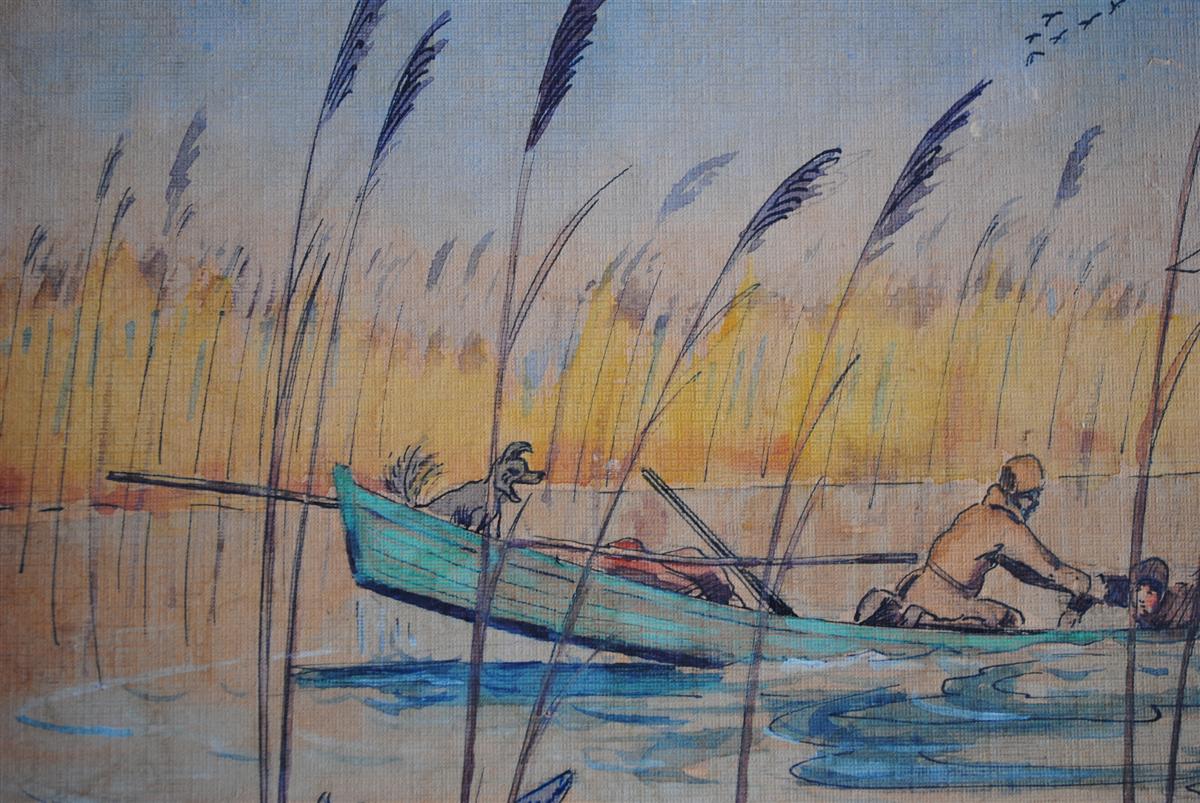 La chasse au canard aquarelle drolatique signée d'époque début 20ème