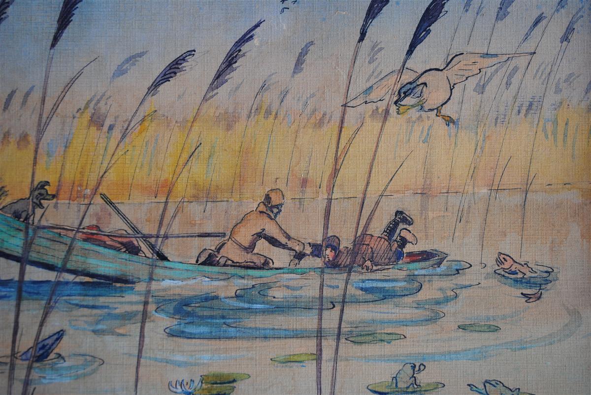 La chasse au canard aquarelle drolatique signée d'époque début 20ème