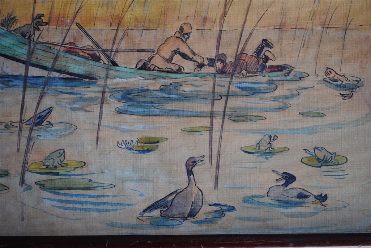 La chasse au canard aquarelle drolatique signée d'époque début 20ème