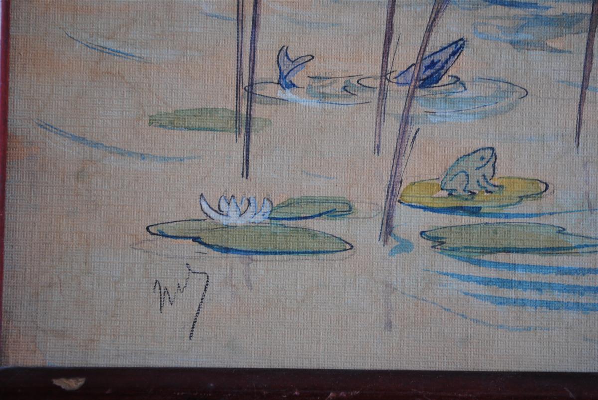 La chasse au canard aquarelle drolatique signée d'époque début 20ème