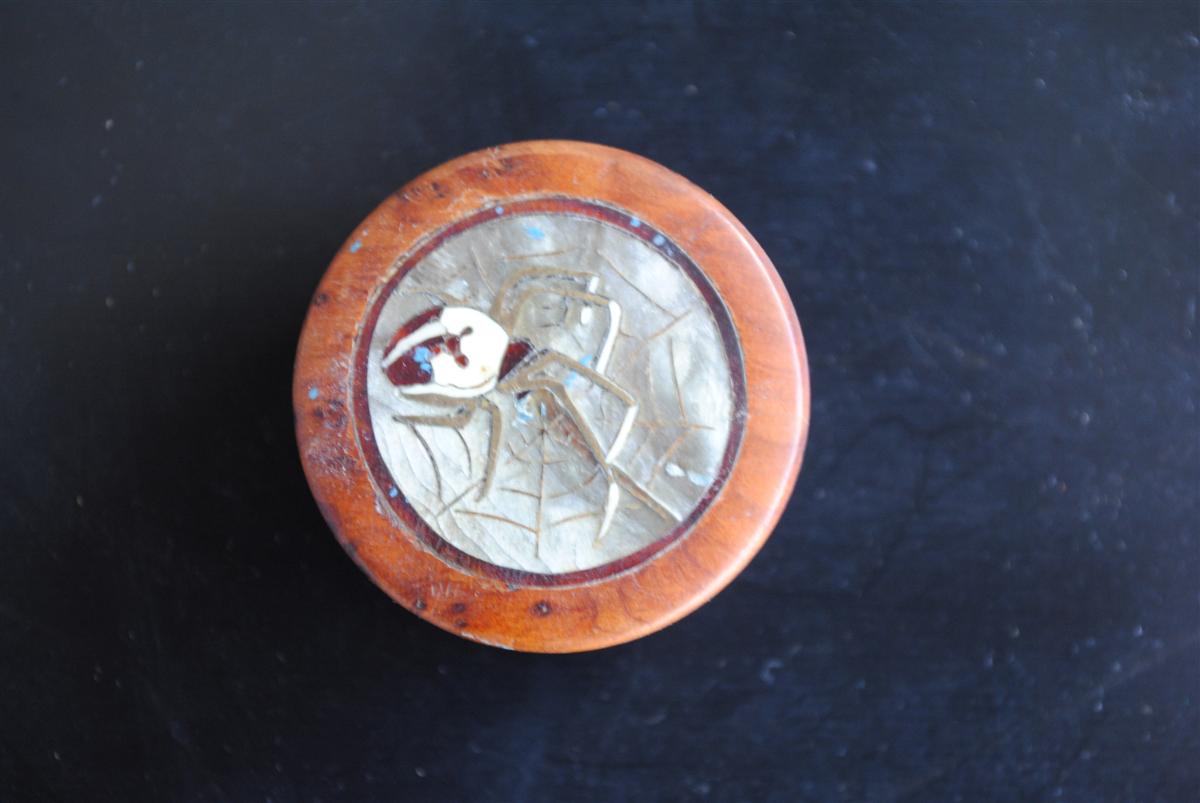 Boite loupe de thuya et araignée incrustée bronze 1900