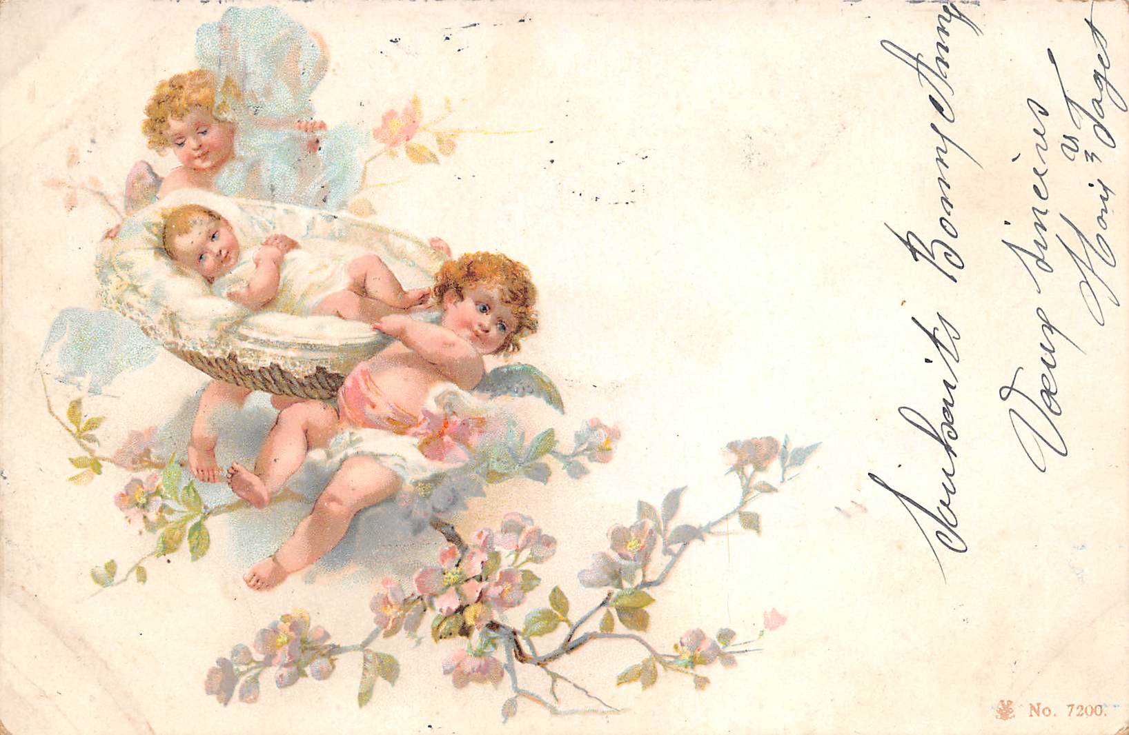 Carte postale ancienne - carte de naissance aux chérubins illustrée