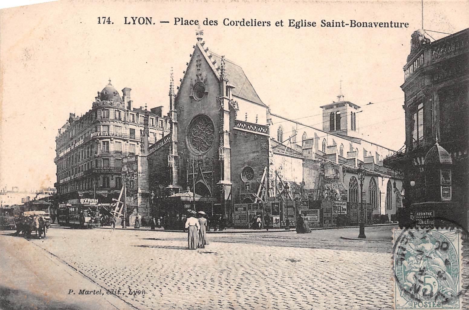 Carte postale ancienne - Lyon, place des cordelier et église Saint-Bonaventure