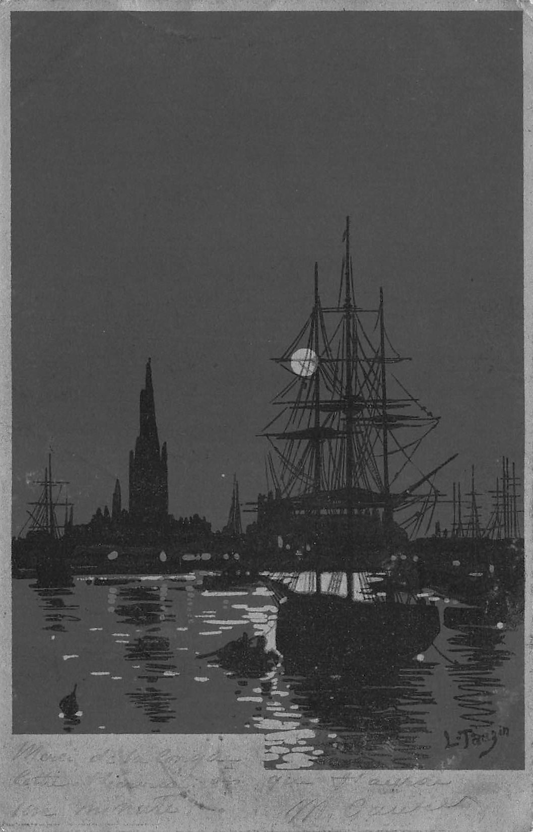 Carte postale ancienne - Carte illustrée d'un port au crépuscule datée 1903