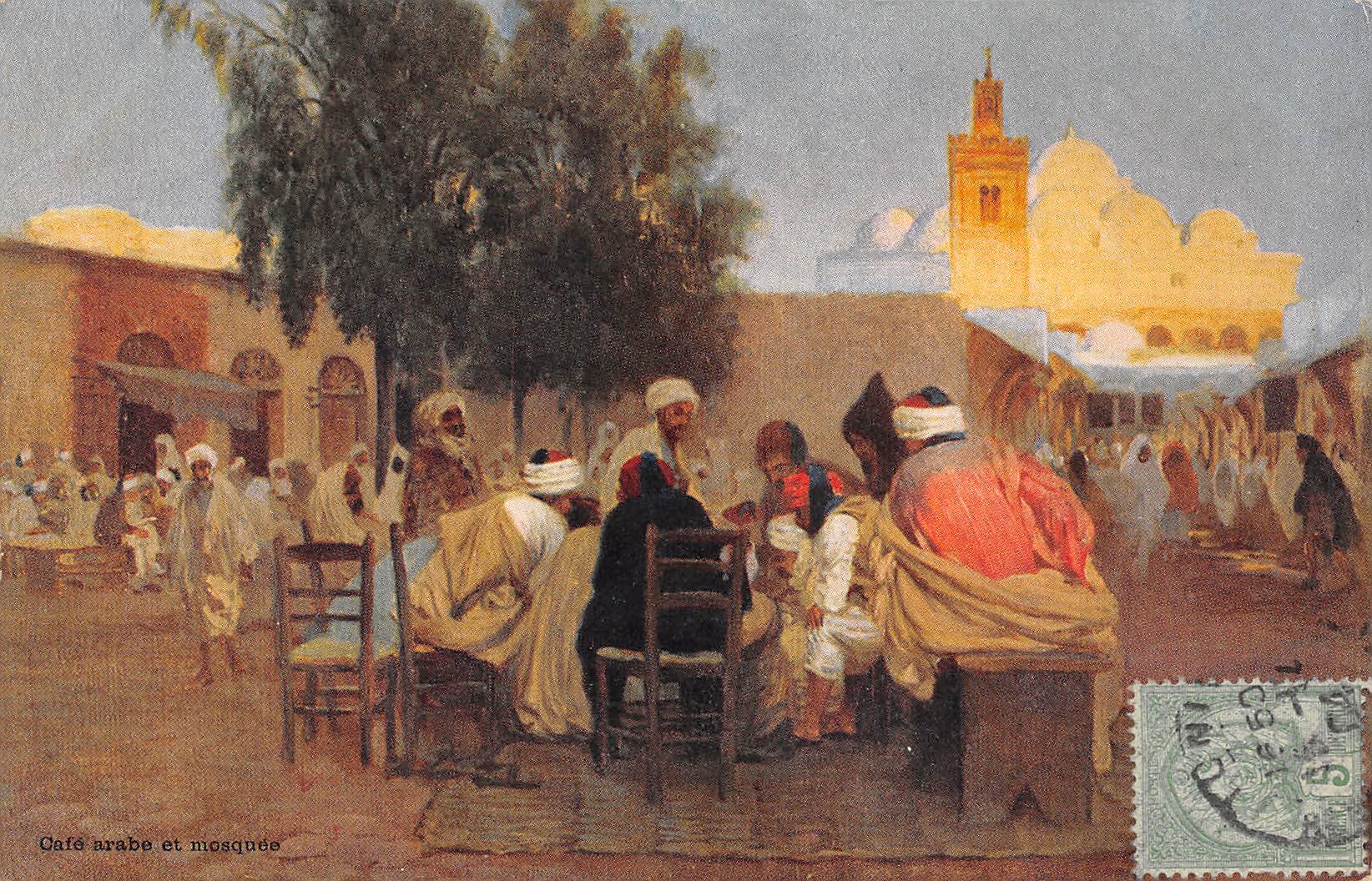 Carte postale ancienne - Tunisie, Café Arabe et mosquée 