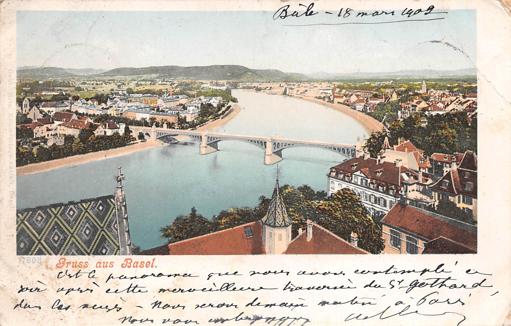 Carte postale ancienne - Suisse, Bâle. Vue du pont Gruss aus Basel