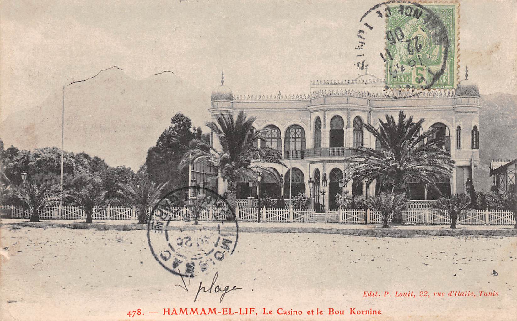 Carte postale ancienne - Tunisie Hammam-el-Lif, le casino et Bou Kornine