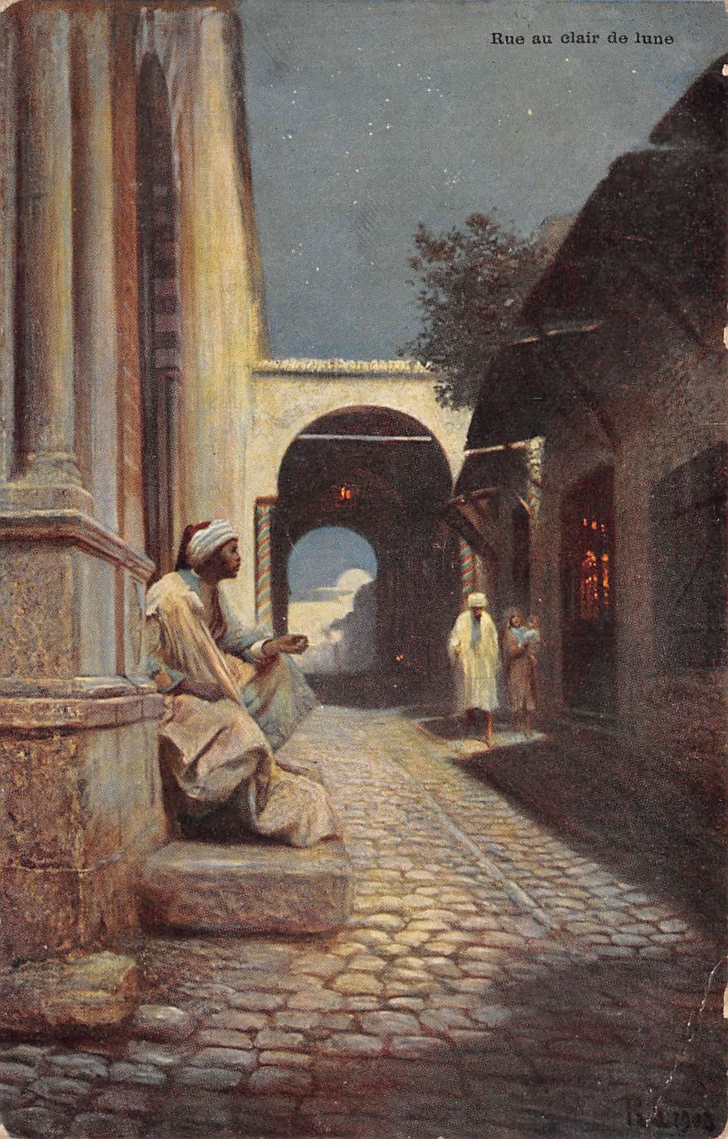 Carte postale ancienne - Tunisie, une rue au clair de lune à Tunis