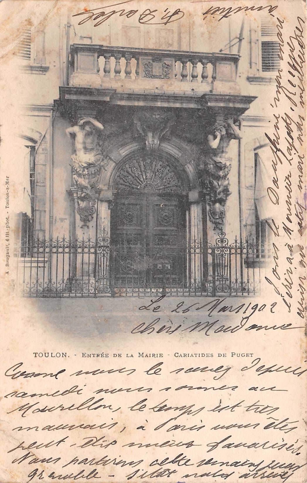 Carte postale ancienne - Toulon, entrée de la mairie cariatides de Puget