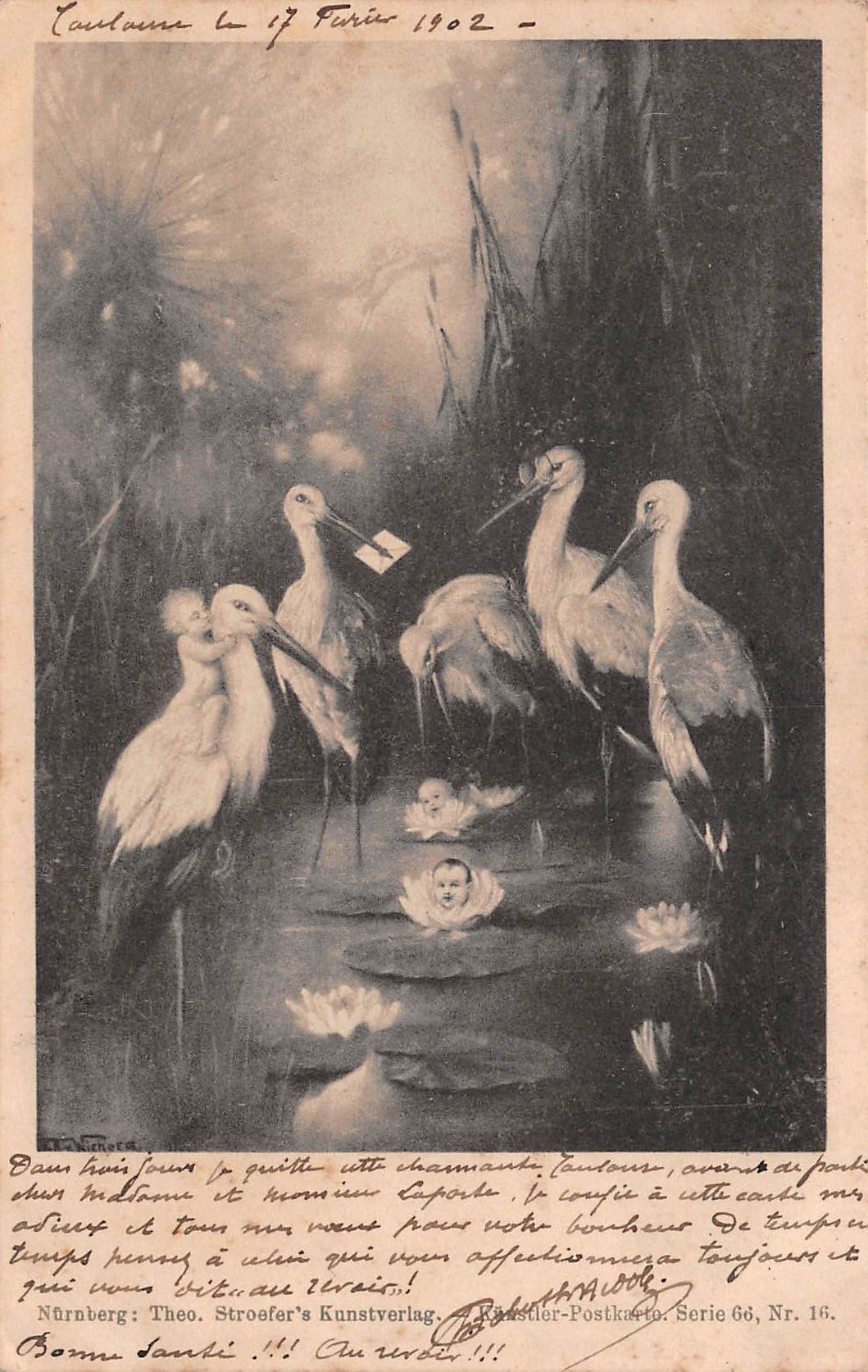 Carte postale ancienne - Russie, Faire-part de naissance aux cigognes 