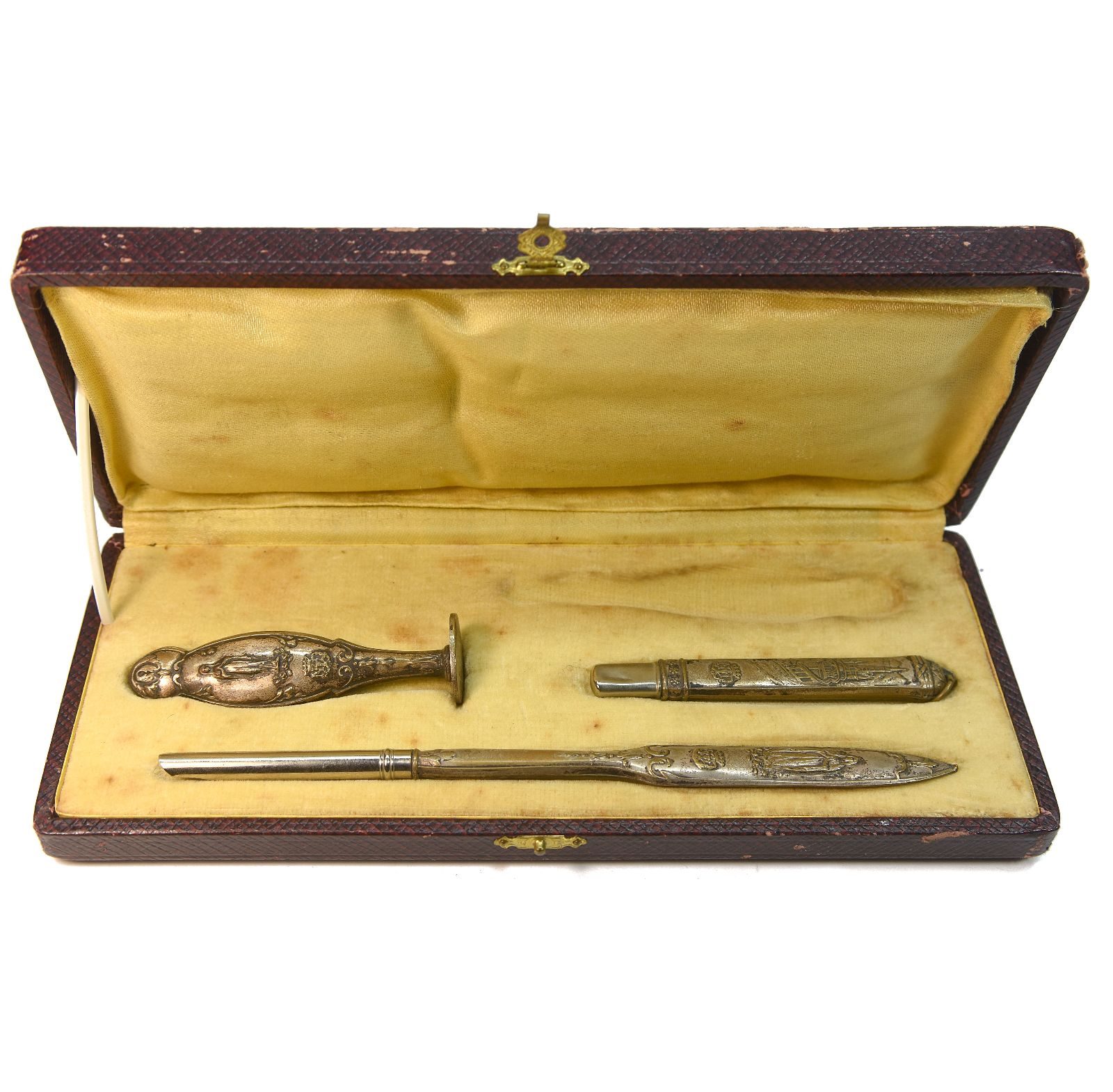Boite de sceau à cacheter ancien 3 pièces métal argenté Lourdes