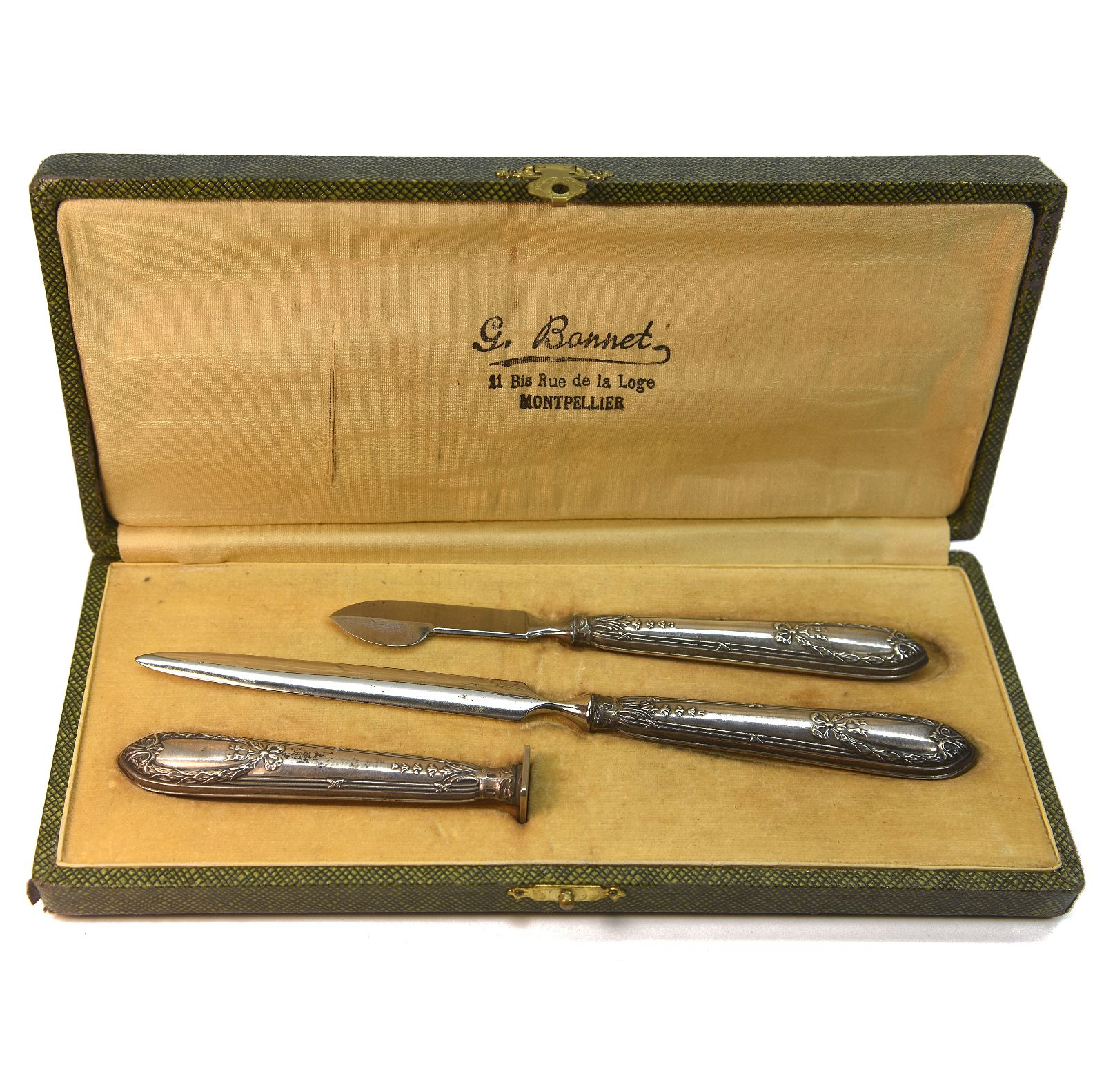 Boite de sceau à cacheter ancien 3 pièces métal argenté fioritures