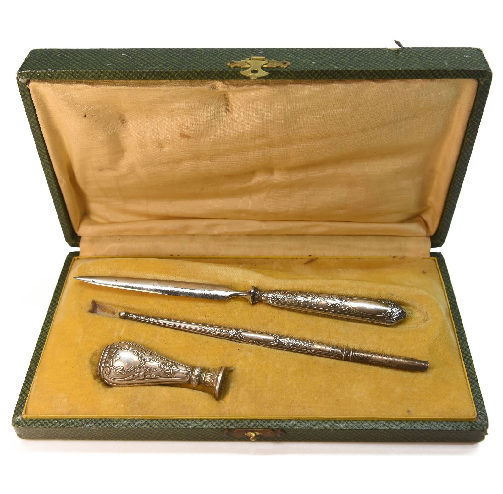 Boite de sceau à cacheter ancien 3 pièces métal argenté fioritures