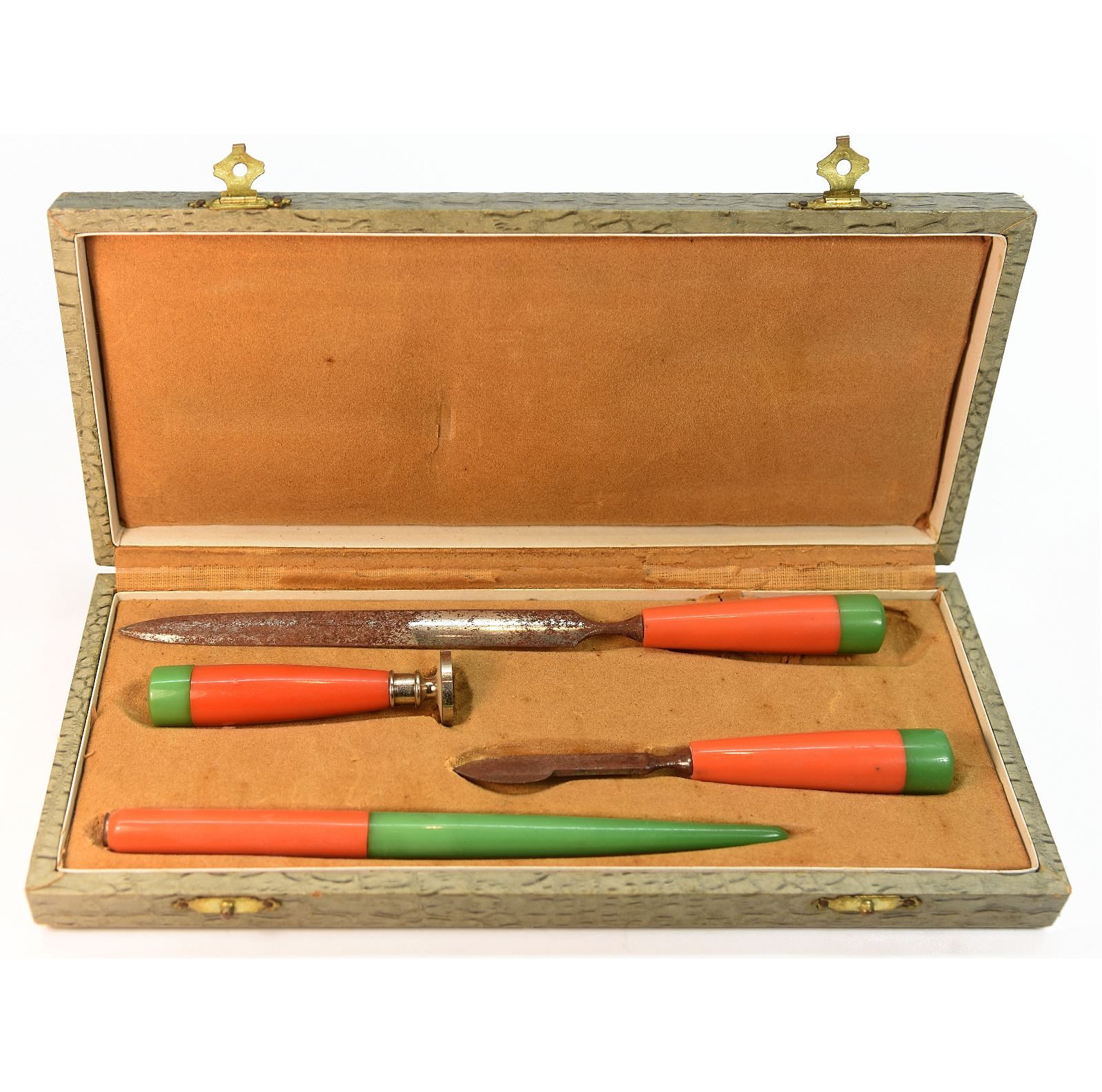 Boite de sceau à cacheter collection 4 pièces laque vert & corail années 50