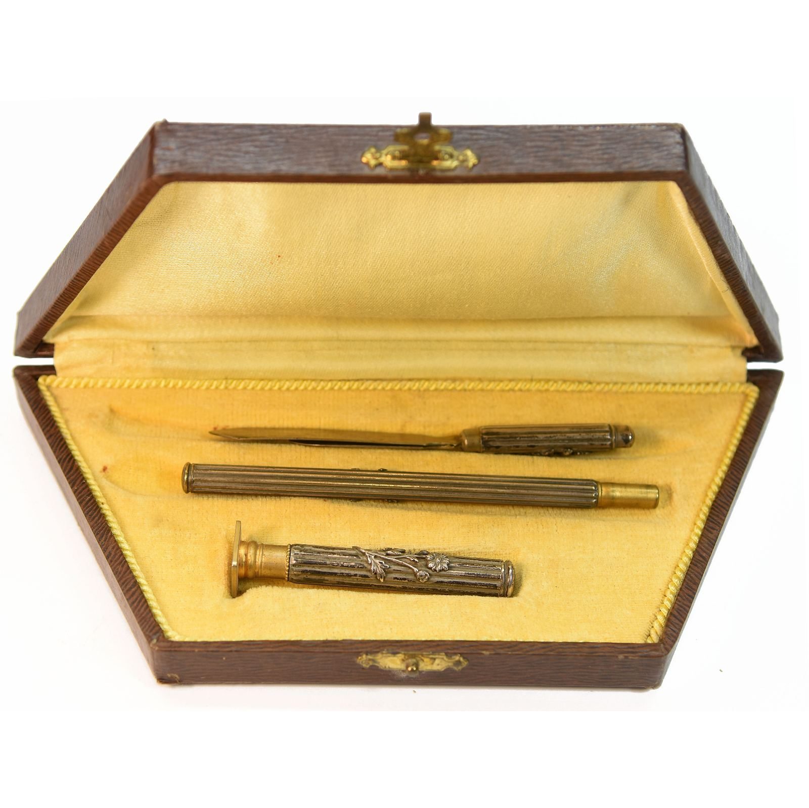 Boite de sceau à cacheter ancien 3 pièces métal argenté fioritures