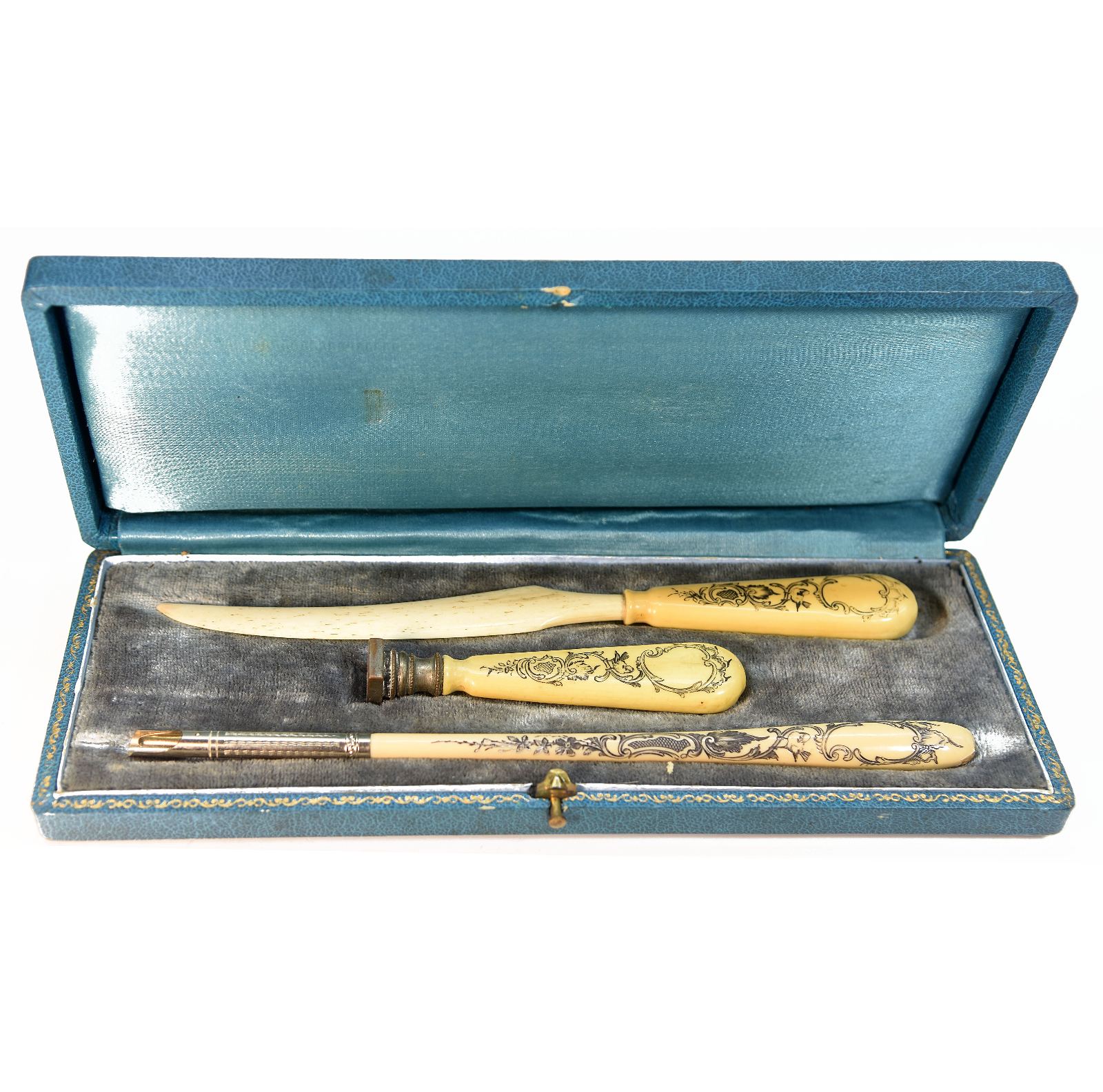 Boite de sceau à cacheter ancien 3 pièces couleur beige clair XIXème