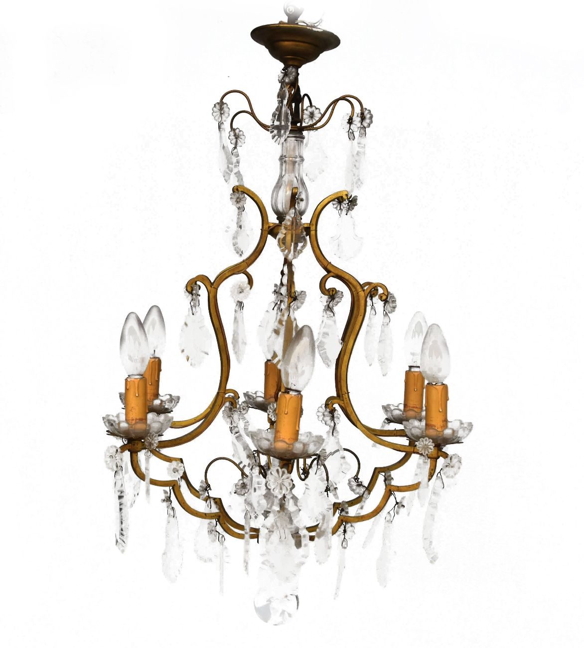 Lustre pampilles rocaille métal doré 6 feux