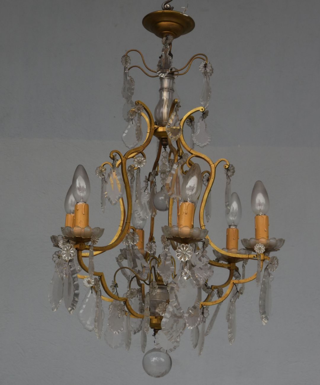 Lustre pampilles rocaille métal doré 6 feux