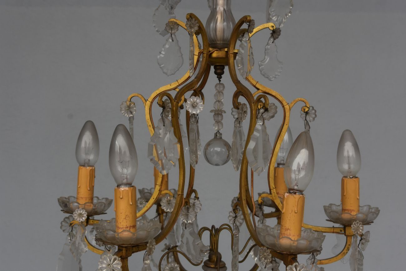 Lustre pampilles rocaille métal doré 6 feux