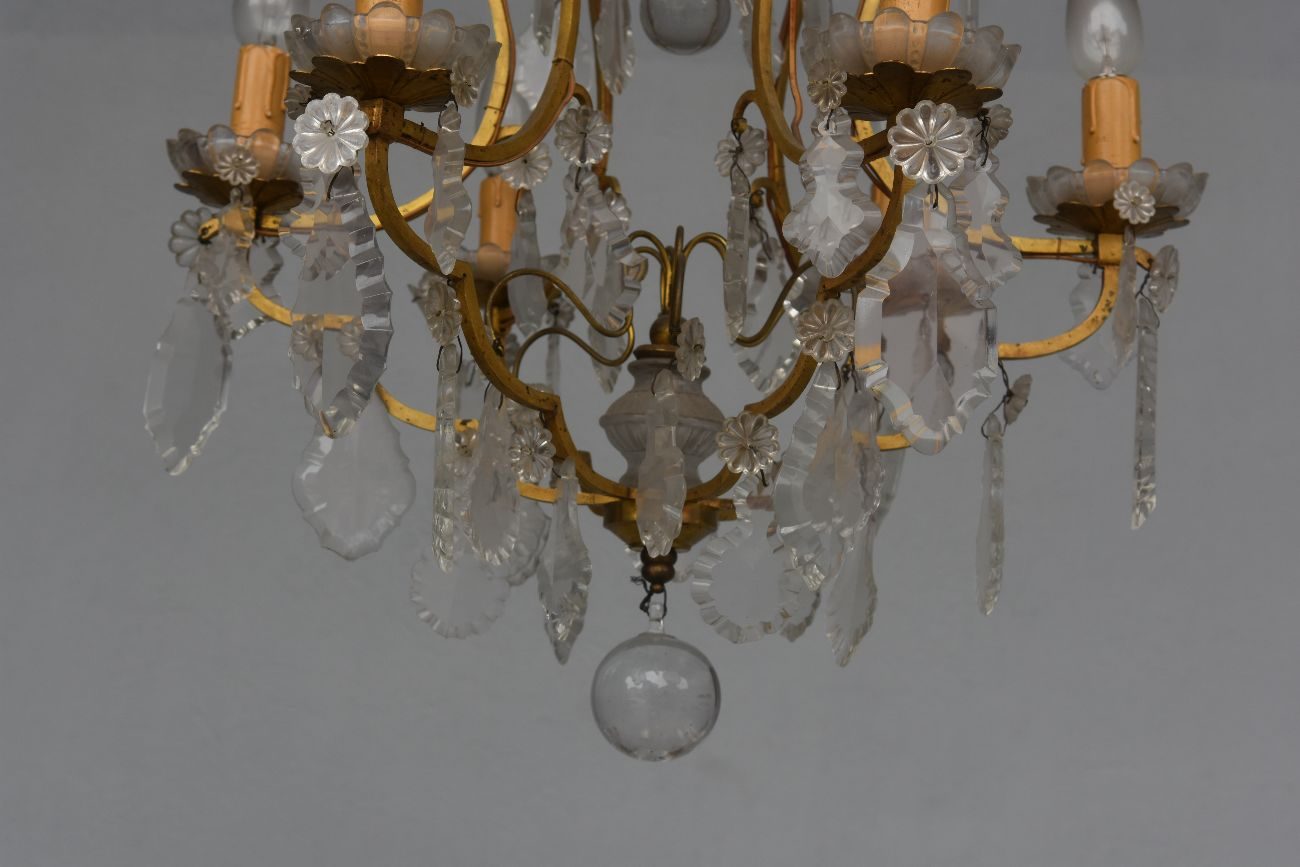 Lustre pampilles rocaille métal doré 6 feux