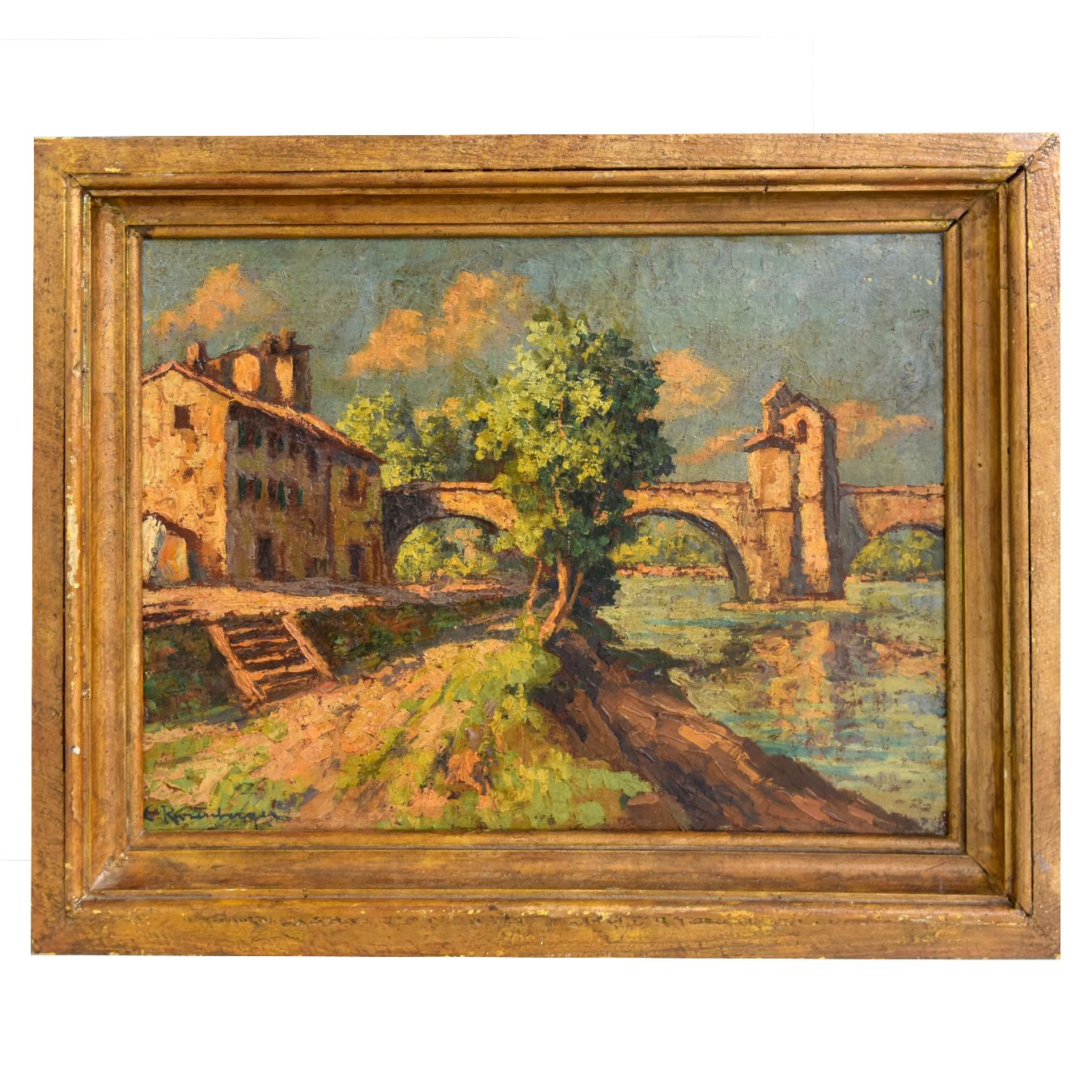 Vue de paysage probablement le pont d'Avignon huile sur isorel signée 