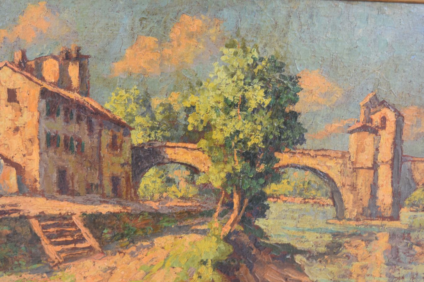 Vue de paysage probablement le pont d'Avignon huile sur isorel signée 