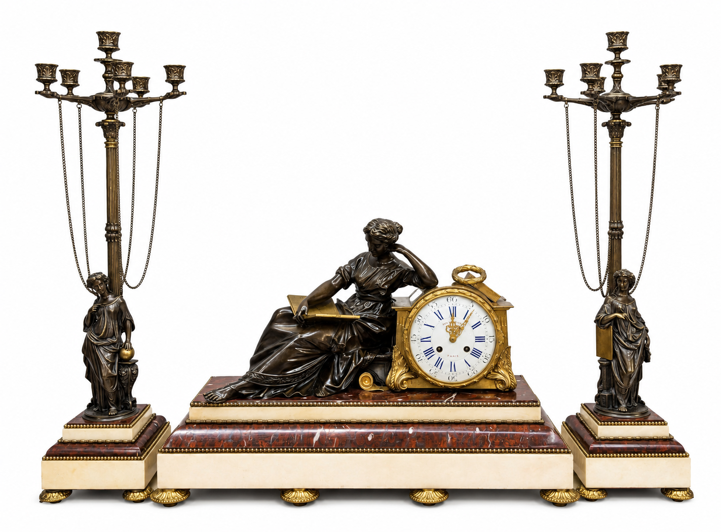 Garniture de cheminée de style Louis XVI bronze et marbre griotte XIXème