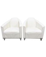 Fauteuils club en cuir blanc et inox style Art déco (Paire)