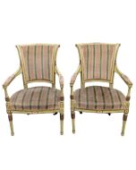 Paire de fauteuils de style directoire laqué peint dessus velours vert
