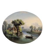 huile sur panneau paysage lacustre XIXème 