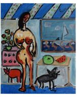 Femme nue dans son intérieur chien chat peinture signez JP Alliès