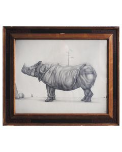 Dessin animalier au crayon sur papier Rhinocéros encadré