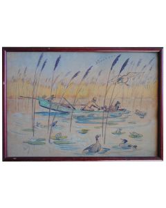 La chasse au canard aquarelle drolatique signée d'époque début 20ème
