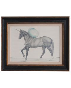 Dessin au crayon fantasmagorique Licorne et œuf bleu