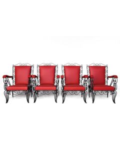 Fauteuils en fer forgé époque 1950 skaï rouge (série de 4)