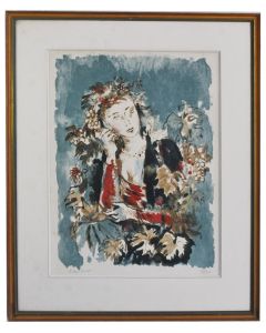Portrait de femme aux raisins lithographie de Roland Oudot