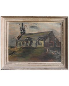 Église paysage grisaille par Jean-Pierre Alliès encadrement bois