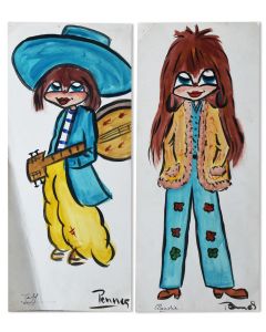 Jeunes hippies à la gouache signé Pennes intitulé Jeff et Claudie