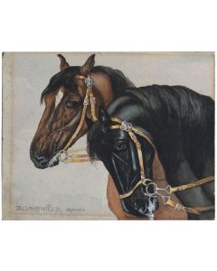 Dessin à la gouache aux 2 chevaux signé B. Claussnitzer début XXème