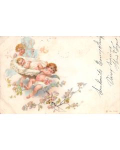 Carte postale ancienne - carte de naissance aux chérubins illustrée