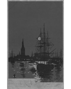 Carte postale ancienne - Carte illustrée d'un port au crépuscule datée 1903