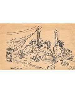 Dessin scène de Harem orientaliste par Marcel Jeanjean années 20