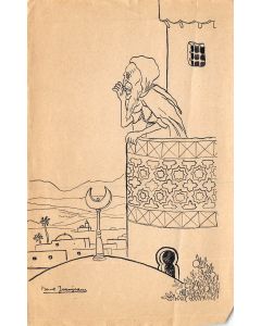 Le muezzin à l'appel à la prière Dessin de scène orientaliste par Marcel Jeanjean années 20