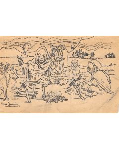 "Le bivouac des bédouins" dessin scène orientaliste par Marcel Jeanjean années 20