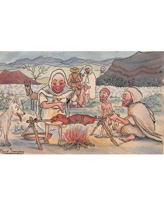 "Le bivouac des bédouins" Dessin aquarellé scène orientaliste par Marcel Jeanjean années 20