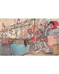 "Le port colonial" Dessin original scène orientaliste par Marcel Jeanjean années 20