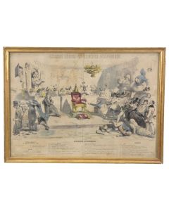 Gravure satirique 1900 et intitulé "la grande course au clocher académique"